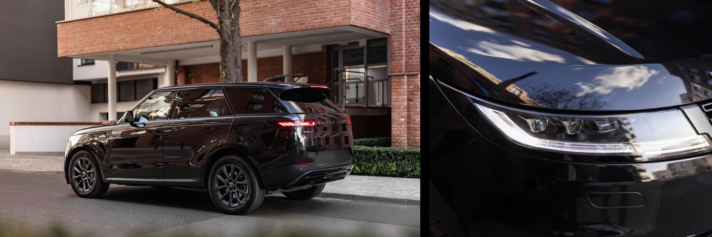 Czarny Range Rover Sport od tyłu z lewej strony na tle nowoczesnego budynku + zbliżenie reflektora z odbiciem nieba.