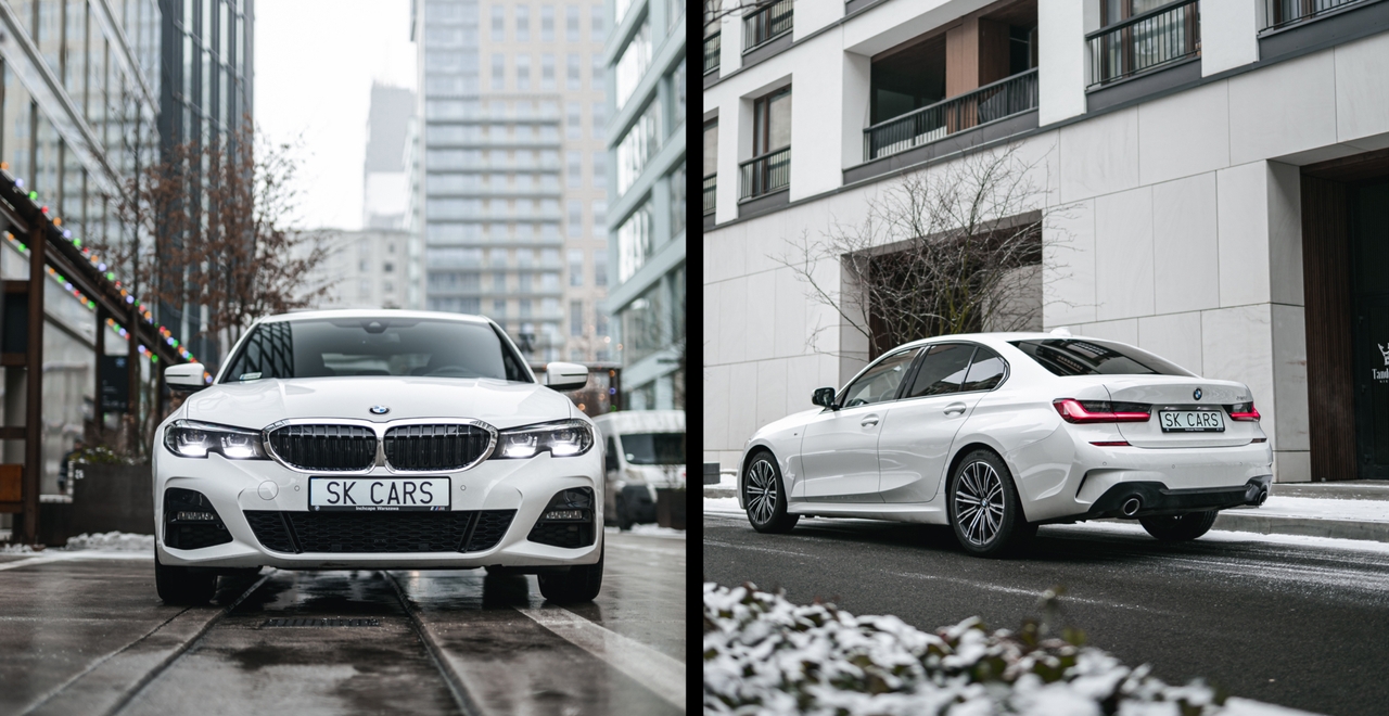 Biały BMW 3 Series na ulicach miasta. Wynajem samochodu premium od SK CARS z indywidualnymi warunkami dla Twojej wygody.
