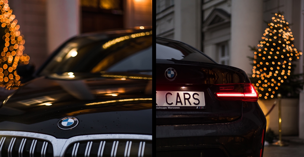 Tył BMW Series 3 przy pałacu podkreśla styl i elegancję wynajmu z SK Cars.