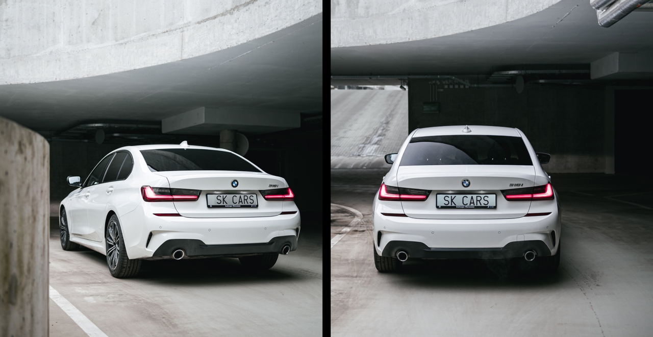Biały BMW 3 Series w stylowym podziemnym parkingu, dostępny do wynajmu w SK CARS. Sportowy design i elegancja dla wygodnej jazdy.