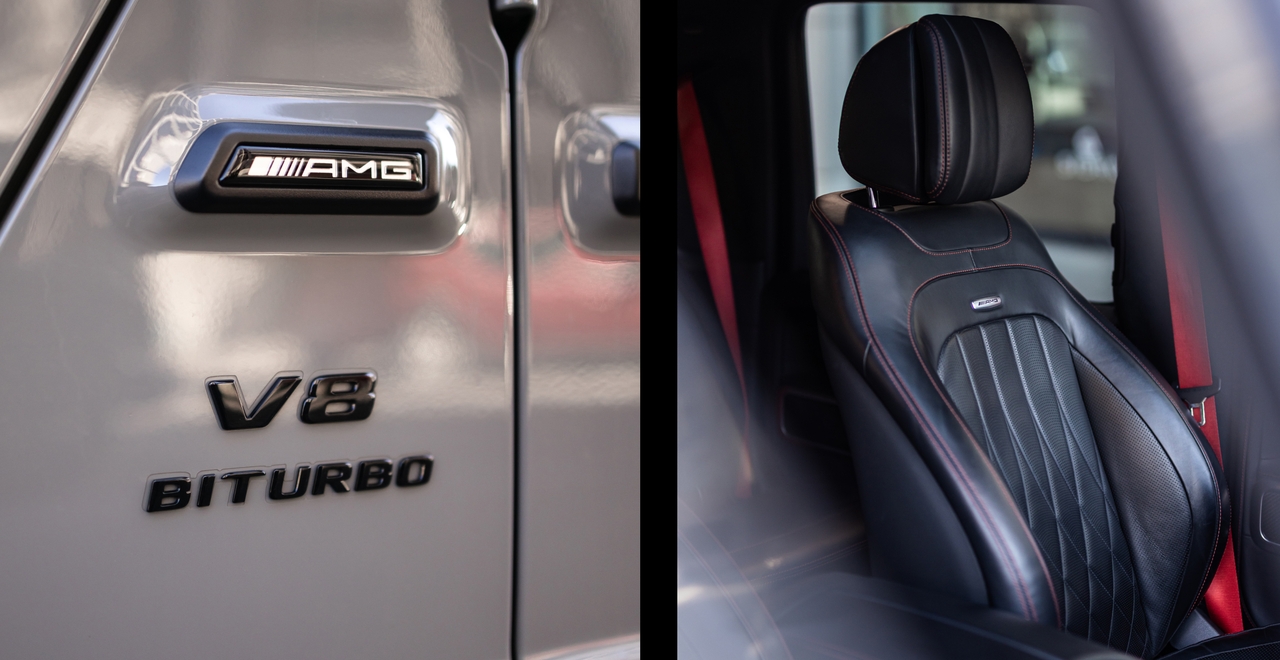 Po lewej — emblemat V8 BITURBO AMG na nadwoziu. Po prawej — sportowy fotel AMG Performance z czerwoną nicią i pasami.